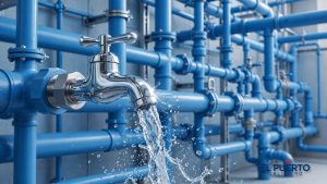 Red de tuberías de agua potable en tonos azules con un grifo de agua limpia