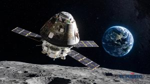 Cápsula Orión orbitando la Luna con la Tierra al fondo