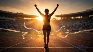 Velocista en silueta cruzando la meta en una pista de atletismo