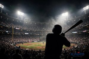 Estadio de béisbol lleno en un juego nocturno