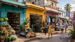 Pequeños negocios dominicanos con clientes en una calle comercial caribeña
