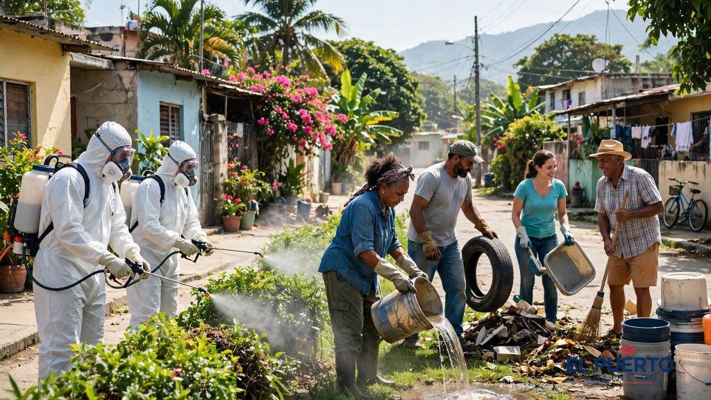 Personal de salud en jornada de fumigación y limpieza comunitaria