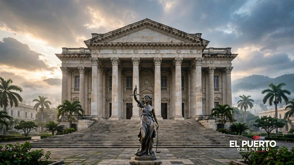 Palacio de justicia con columnas clásicas y la estatua de la Justicia al frente