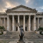 Palacio de justicia con columnas clásicas y la estatua de la Justicia al frente