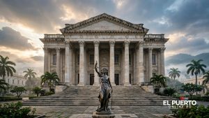Palacio de justicia con columnas clásicas y la estatua de la Justicia al frente