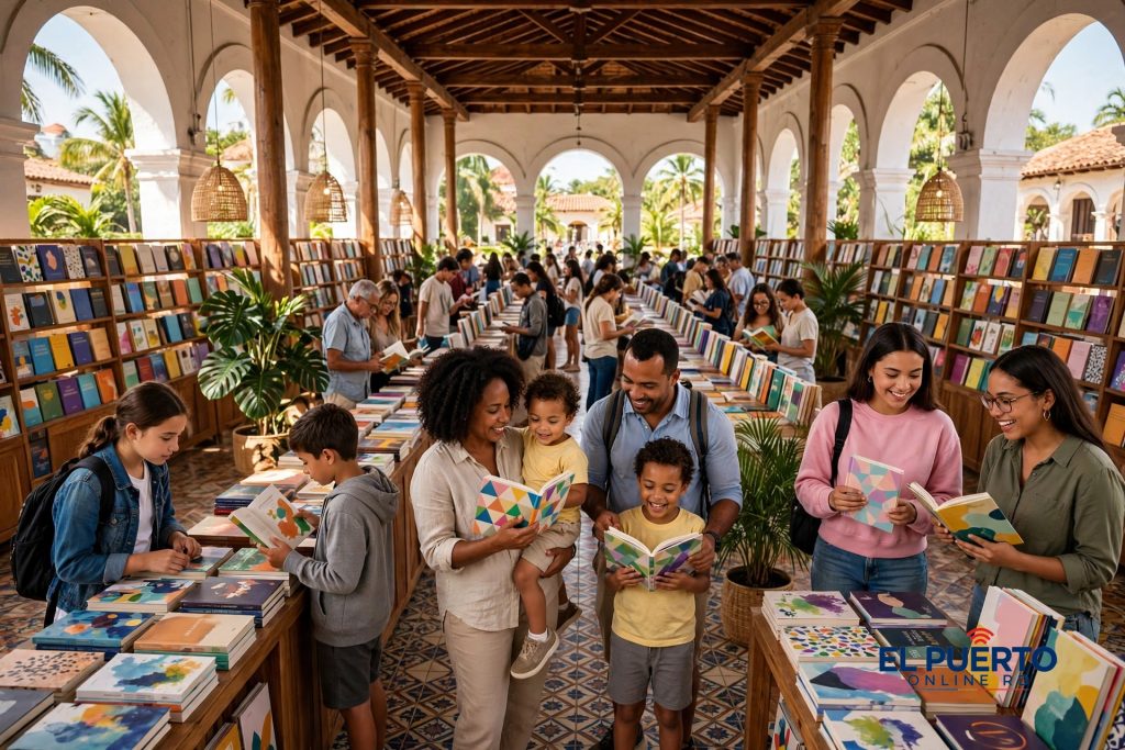 Familias y estudiantes hojeando libros de colores en una feria del libro dentro de un centro cultural
