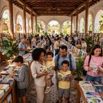 Familias y estudiantes hojeando libros de colores en una feria del libro dentro de un centro cultural