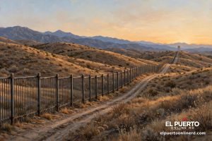Una valla fronteriza de metal que cruza colinas secas al atardecer, con un camino de tierra y una torre de vigilancia a lo lejos.