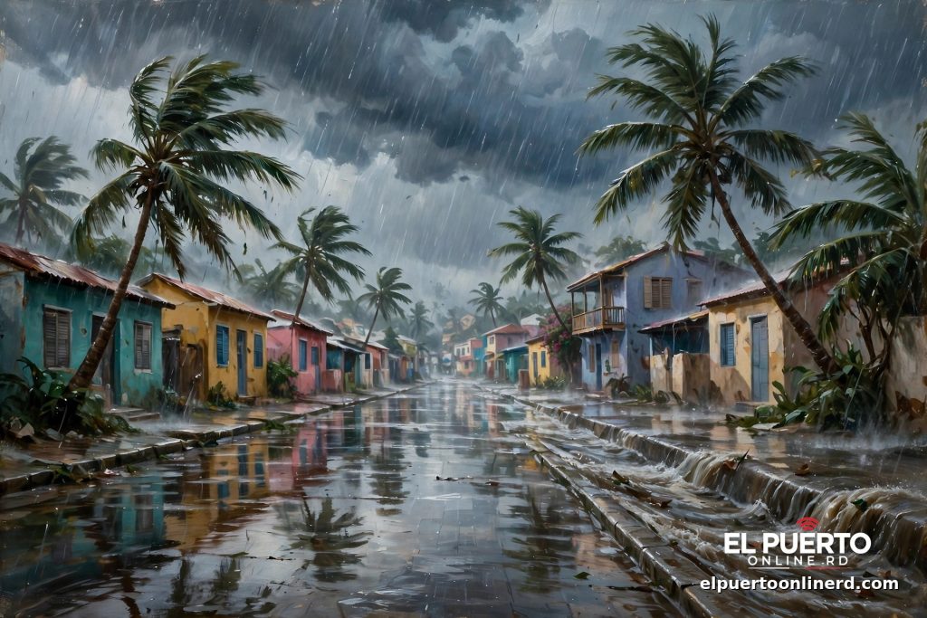 Calle de un pueblo caribeño inundada bajo un aguacero intenso, con palmeras dobladas por el viento, casas de colores y agua corriendo por la calle.