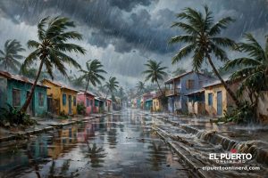 Calle de un pueblo caribeño inundada bajo un aguacero intenso, con palmeras dobladas por el viento, casas de colores y agua corriendo por la calle.