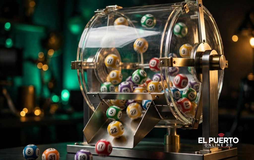 Tómbola de lotería en pleno sorteo con bolitas numeradas