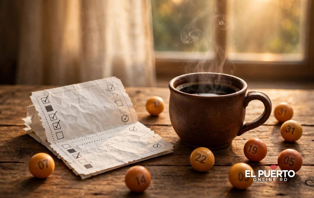 Ticket de lotería marcado sobre una mesa de madera junto a una taza de café humeante, con bolitas numeradas dispersas y luz dorada de mañana.