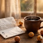 Ticket de lotería marcado sobre una mesa de madera junto a una taza de café humeante, con bolitas numeradas dispersas y luz dorada de mañana.