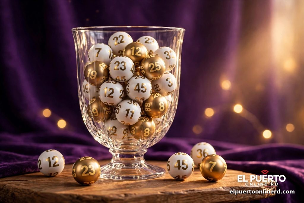 Bolitas numeradas blancas y doradas dentro de una urna de cristal sobre una mesa, con fondo violeta.