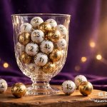 Bolitas numeradas blancas y doradas dentro de una urna de cristal sobre una mesa, con fondo violeta.