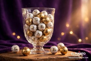 Bolitas numeradas blancas y doradas dentro de una urna de cristal sobre una mesa, con fondo violeta.