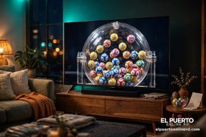 Sorteo de lotería visto en un televisor en una sala de estar por la noche, con bolitas numeradas en el bombo