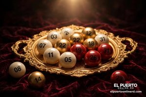 Bolitas de lotería crema, doradas y rojas sobre una bandeja dorada y terciopelo burdeos, bajo un foco cálido