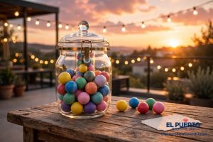 Urna de cristal con bolitas de lotería de colores sobre una mesa de madera al atardecer, con guirnaldas de luces