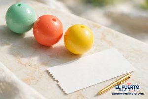Bolitas de lotería verde menta, coral y amarilla sobre una mesa de mármol crema junto a un ticket en blanco y una pluma dorada, a la luz del día.