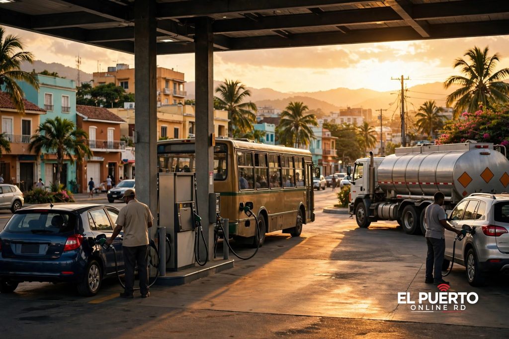 Estación de combustibles en el Caribe con un autobús, un camión cisterna y vehículos cargando combustible al atardecer