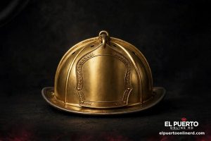Casco de bombero dorado con cinta negra de luto