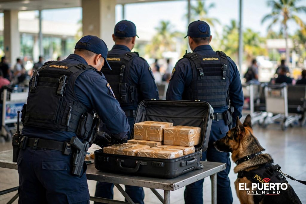 Agentes antinarcóticos inspeccionan maleta con paquetes de droga en aeropuerto
