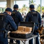 Agentes antinarcóticos inspeccionan maleta con paquetes de droga en aeropuerto