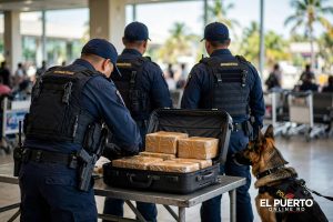 Agentes antinarcóticos inspeccionan maleta con paquetes de droga en aeropuerto