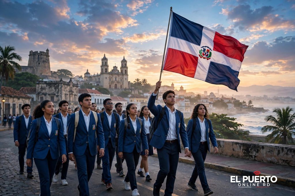 Estudiantes dominicanos marchan con la bandera nacional en la Zona Colonial de Santo Domingo, ilustración original para las efemérides del 16 de octubre