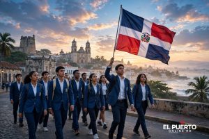Estudiantes dominicanos marchan con la bandera nacional en la Zona Colonial de Santo Domingo, ilustración original para las efemérides del 16 de octubre