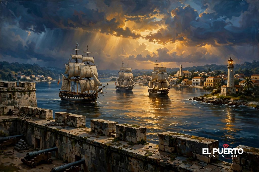 Un día como hoy: 21 de octubre — bahía colonial caribeña con veleros de guerra al atardecer