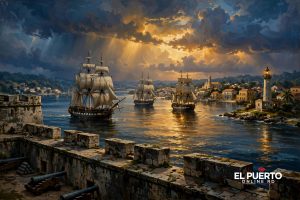 Un día como hoy: 21 de octubre — bahía colonial caribeña con veleros de guerra al atardecer