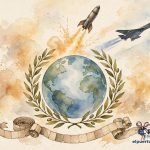 Ilustración original para las efemérides del 24 de octubre: globo terráqueo con ramas de olivo, cohete, avión supersónico y cinta de teletipo