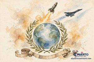 Ilustración original para las efemérides del 24 de octubre: globo terráqueo con ramas de olivo, cohete, avión supersónico y cinta de teletipo