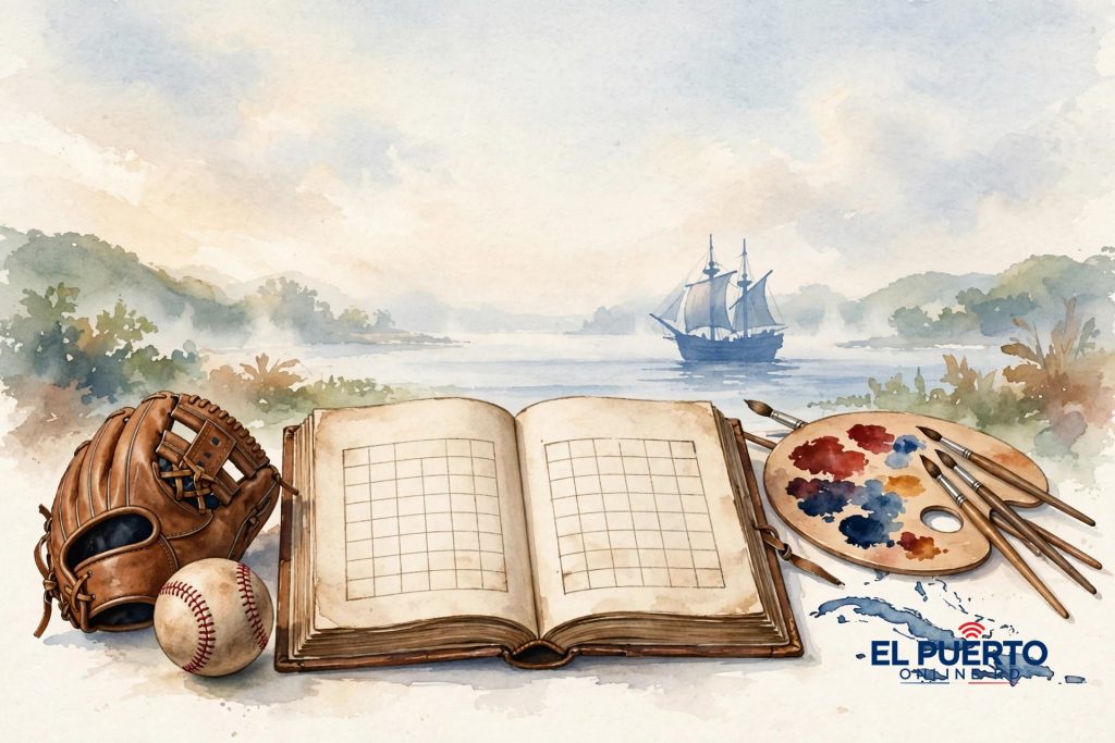 Ilustración acuarela para las efemérides del 25 de octubre: libro de historia abierto, guante y pelota de béisbol, paleta de pintor y velero caribeño