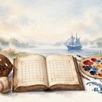 Ilustración acuarela para las efemérides del 25 de octubre: libro de historia abierto, guante y pelota de béisbol, paleta de pintor y velero caribeño