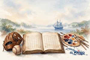 Ilustración acuarela para las efemérides del 25 de octubre: libro de historia abierto, guante y pelota de béisbol, paleta de pintor y velero caribeño