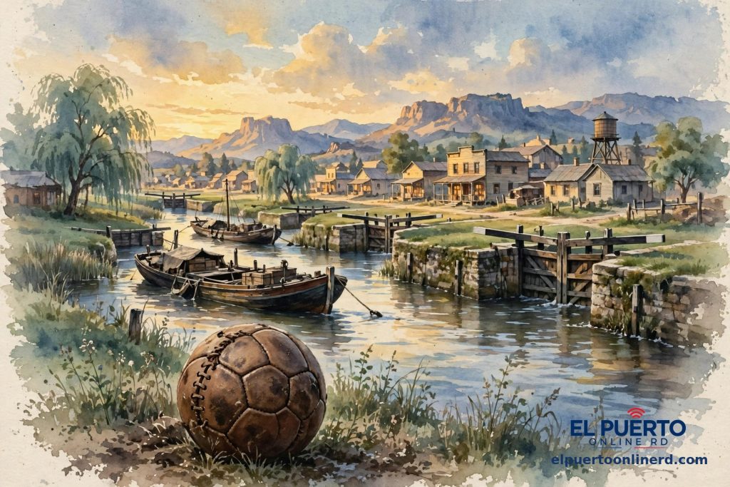 Ilustración en acuarela de un canal del siglo XIX con barcazas, una pelota de fútbol antigua de cuero y un pueblo del viejo oeste al atardecer — Efemérides del 26 de octubre en El Puerto Online RD.