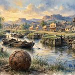 Ilustración en acuarela de un canal del siglo XIX con barcazas, una pelota de fútbol antigua de cuero y un pueblo del viejo oeste al atardecer — Efemérides del 26 de octubre en El Puerto Online RD.