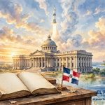 Ilustración en acuarela: libro abierto, bandera dominicana, edificio del Congreso, cohete Saturno despegando e isla caribeña al amanecer — efemérides del 27 de octubre