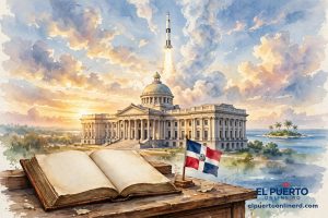 Ilustración en acuarela: libro abierto, bandera dominicana, edificio del Congreso, cohete Saturno despegando e isla caribeña al amanecer — efemérides del 27 de octubre