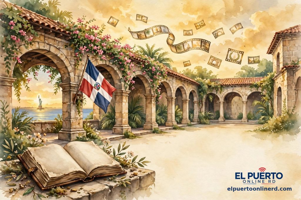 Ilustración en acuarela: patio colonial de Santo Domingo con bandera dominicana, libro abierto, la Estatua de la Libertad al fondo y cintas de cine en el cielo — Un día como hoy: 28 de octubre