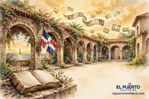 Ilustración en acuarela: patio colonial de Santo Domingo con bandera dominicana, libro abierto, la Estatua de la Libertad al fondo y cintas de cine en el cielo — Un día como hoy: 28 de octubre