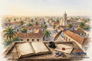 Calle colonial de Santo Domingo al amanecer con libro abierto, pluma y carta