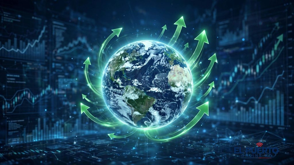 Globo terráqueo con flechas de crecimiento y gráficos financieros
