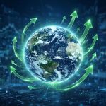 Globo terráqueo con flechas de crecimiento y gráficos financieros
