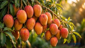 Rama de mango con frutos maduros en tonos cálidos tropicales