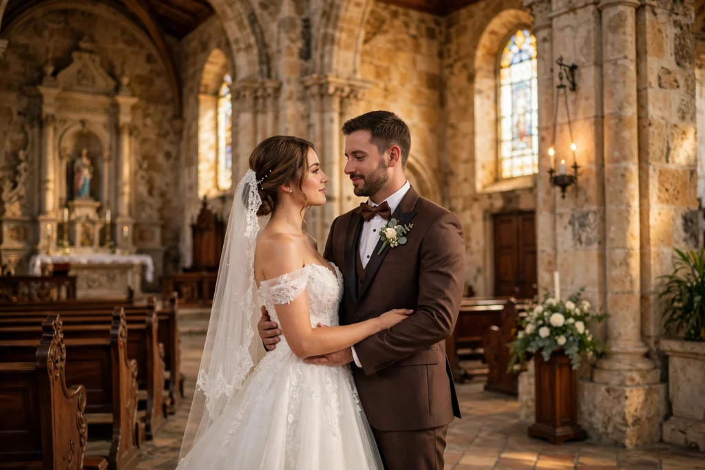 Pareja de recién casados en iglesia colonial de Santo Domingo