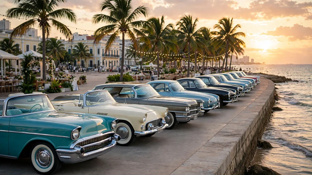 Autos clásicos en paseo costero de Santo Domingo al atardecer durante evento benéfico por la salud masculina